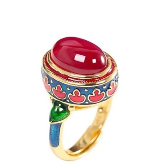 Vintage Style Enamel Flower Ruby Ring - Picture 5 of 5